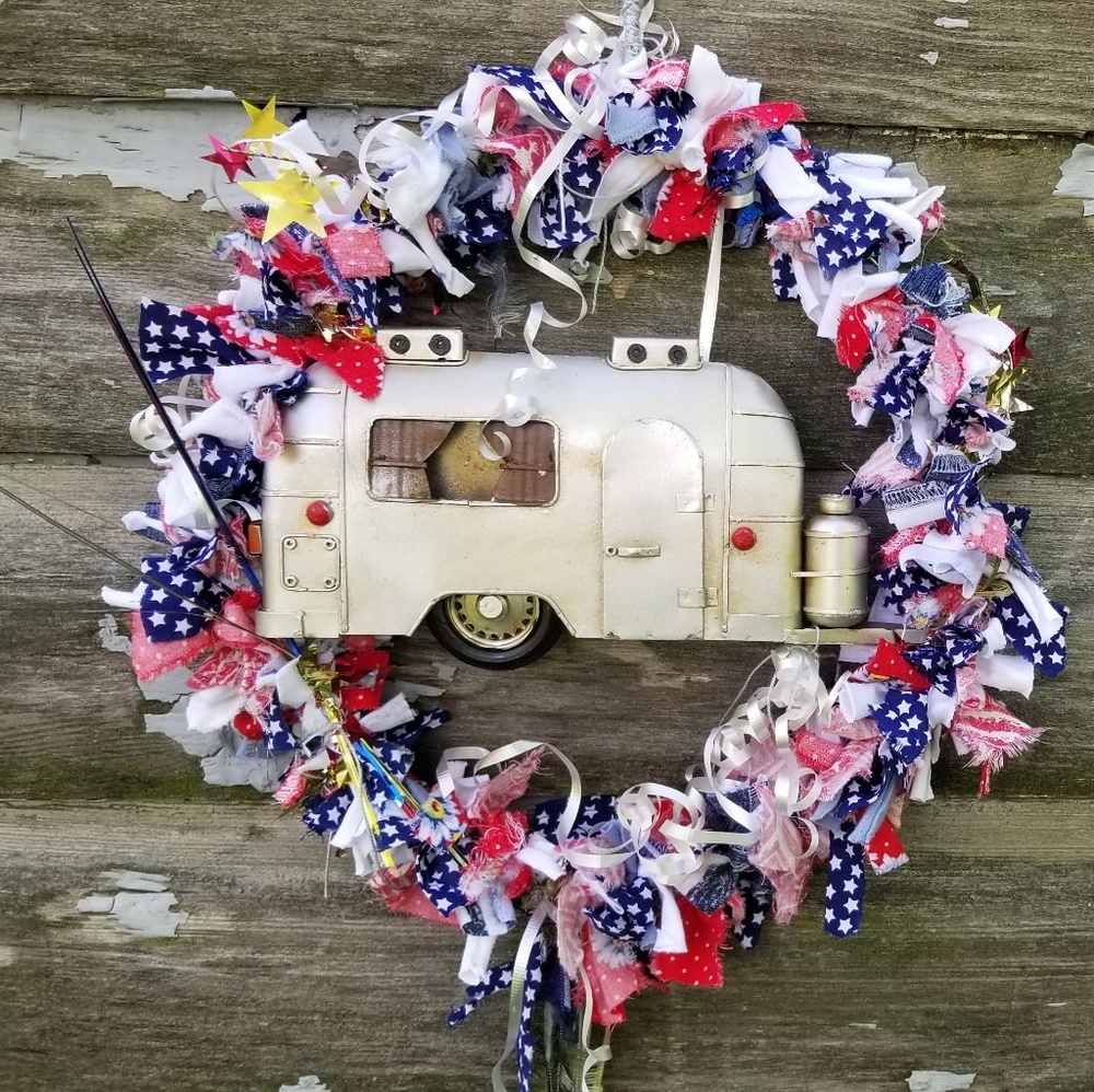 Vintage Camper American Flag Rag Wreath